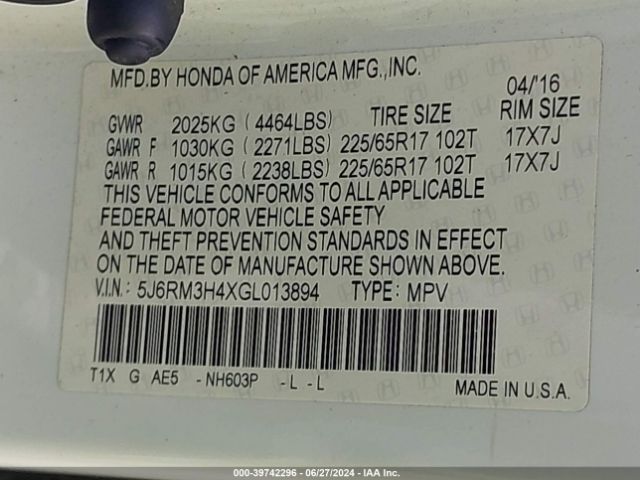 5J6RM3H4XGL013894 Honda CR-V SE