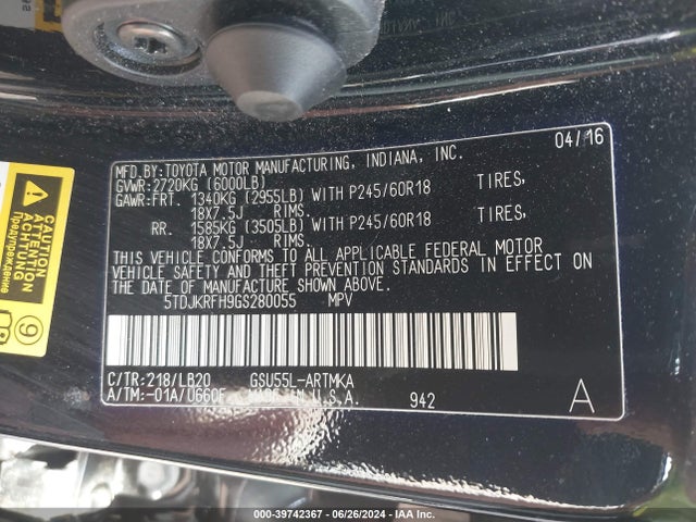 Toyota Highlander Xle V6 2016 5TDJKRFH9GS280055 Image 9