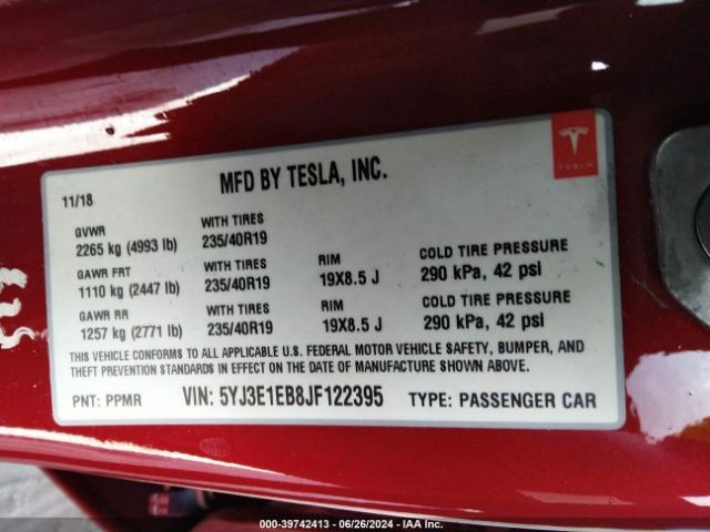 5YJ3E1EB8JF122395 Tesla Model 3 Long Range/performance