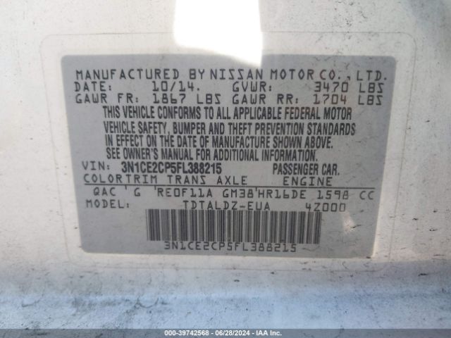 3N1CE2CP5FL388215 Nissan Versa Note Sv