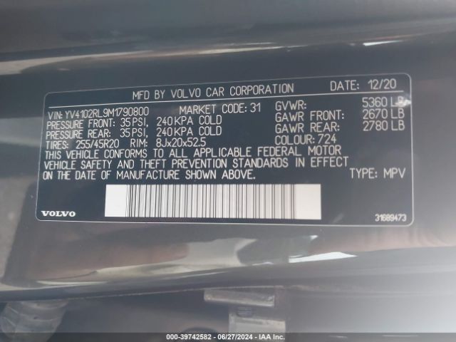 YV4102RL9M1790800 Volvo Xc60 T5 Inscription
