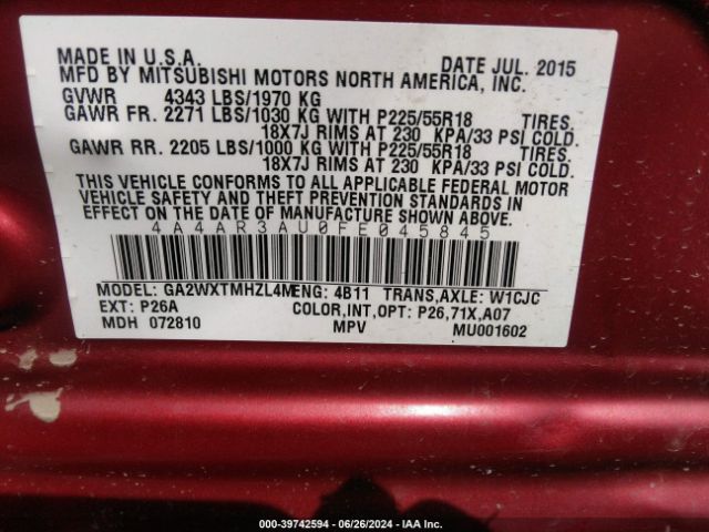 4A4AR3AU0FE045845 Mitsubishi Outlander Sport Es