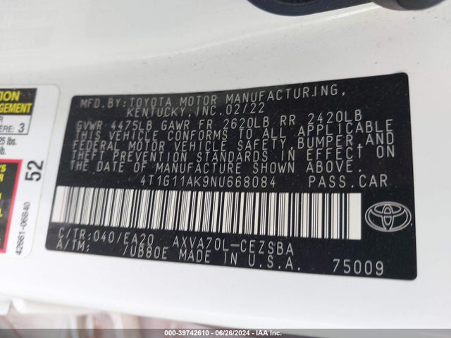 Toyota CAMRY SE 2022 4T1G11AK9NU668084 Image 9