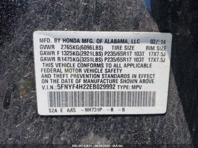 5FNYF4H22EB029992 Honda PILOT LX
