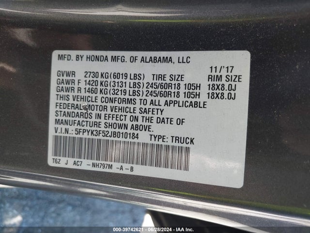 Honda Ridgeline Rtl 2018 5FPYK3F52JB010184 Image 9