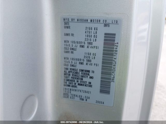 3N6CM0KN1FK728421 Nissan NV200 SV