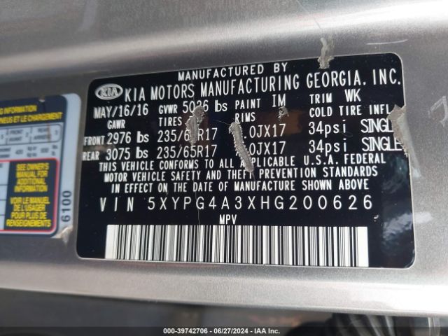 5XYPG4A3XHG200626 KIA Sorento 2.4l L