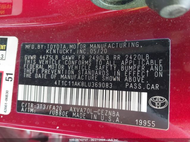 4T1C11AK8LU369083 Toyota CAMRY LE