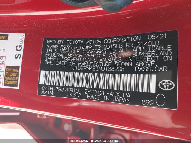 Toyota COROLLA LE 2021 JTDEPMAE3MJ188208 Image 9