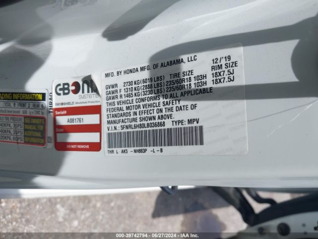 5FNRL6H80LB036868 Honda Odyssey Touring