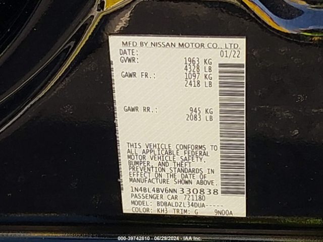 1N4BL4BV6NN330838 Nissan Altima S Fwd