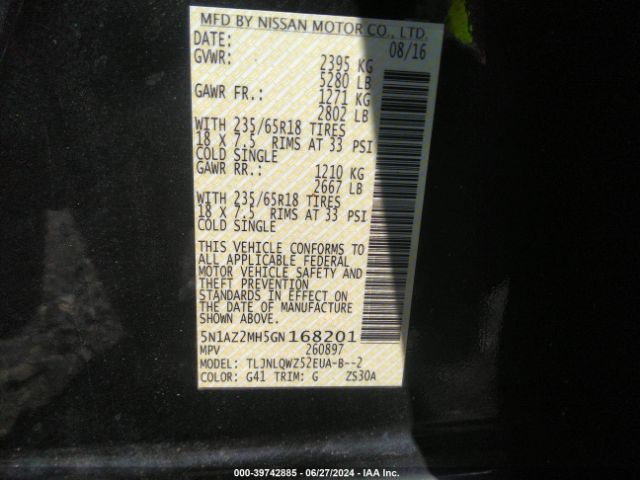 5N1AZ2MH5GN168201 Nissan MURANO SV