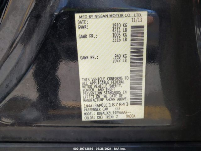 1N4AL3AP0EC187843 Nissan Altima 2.5 Sl