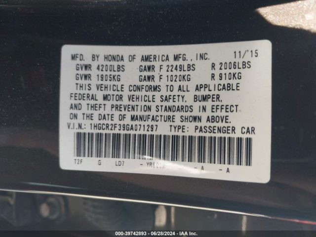 1HGCR2F39GA071297 Honda ACCORD LX
