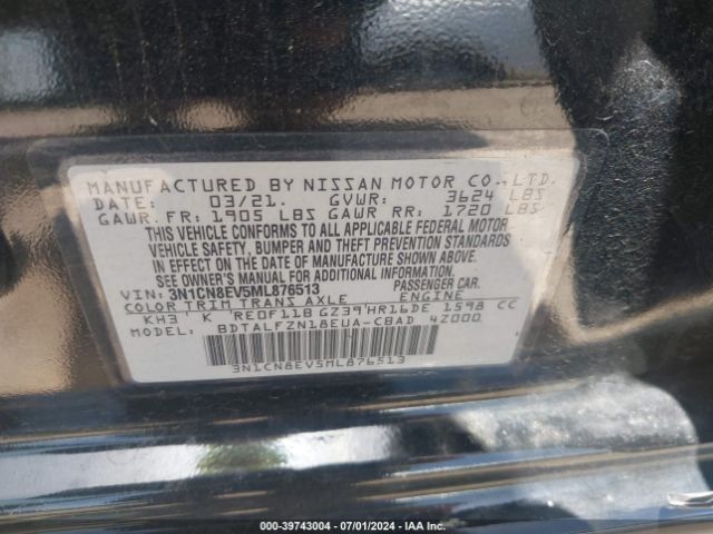 3N1CN8EV5ML876513 Nissan Versa Sv Xtronic Cvt