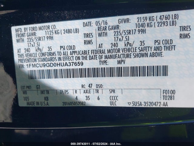 Ford ESCAPE SE 2017 1FMCU9GD0HUA37659 Image 9