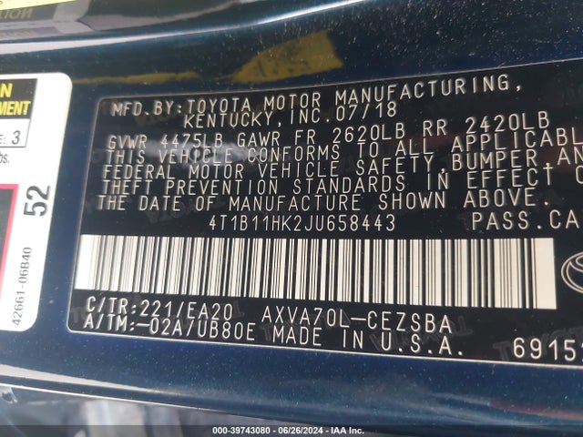 Toyota CAMRY SE 2018 4T1B11HK2JU658443 Image 9