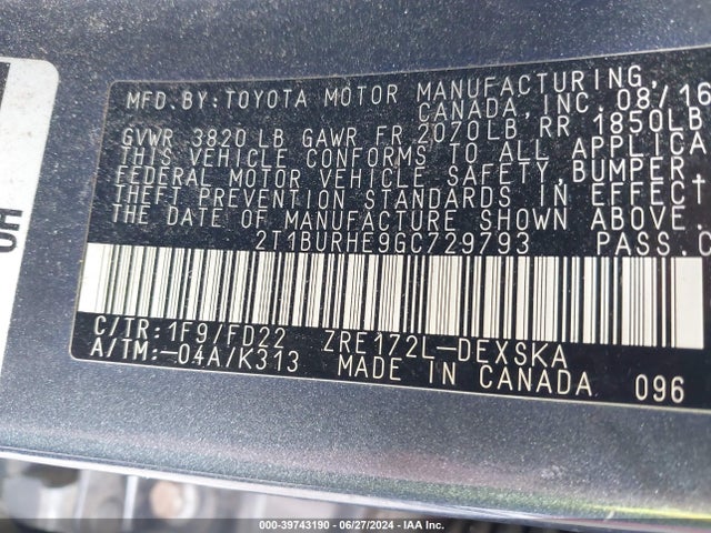 Toyota Corolla S Plus 2016 2T1BURHE9GC729793 Image 9