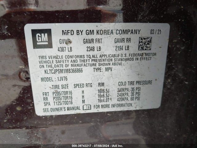 Chevrolet Trax Awd Lt 2021 KL7CJPSM1MB366866 Image 9