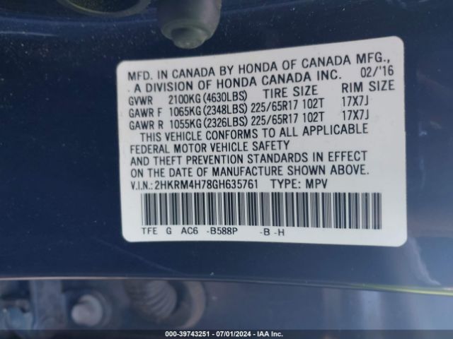 2HKRM4H78GH635761 Honda Cr-v Ex-l