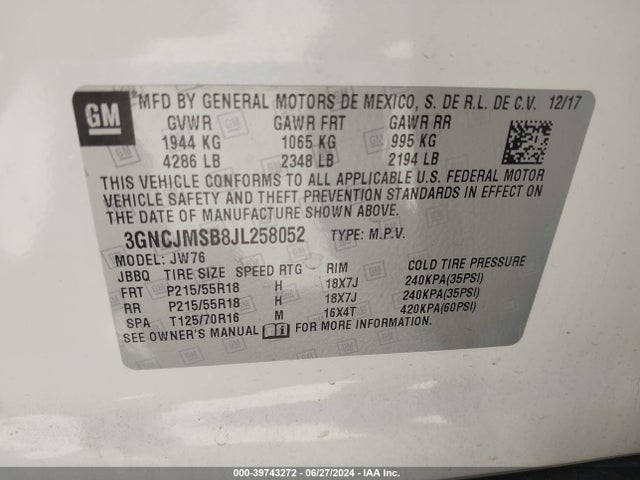 Chevrolet Trax Premier 2018 3GNCJMSB8JL258052 Image 9
