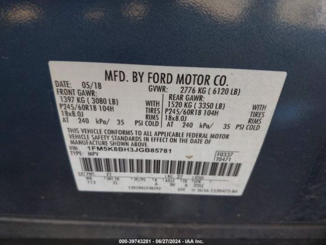1FM5K8BH3JGB85781 Ford Explorer