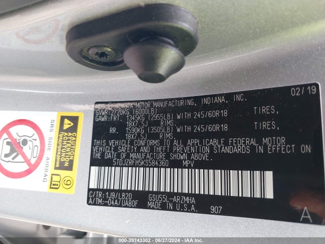 Toyota Highlander Xle 2019 5TDJZRFH5KS584360 Image 9