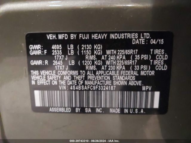 4S4BSAFC9F3324187 Subaru Outback 2.5i Premium