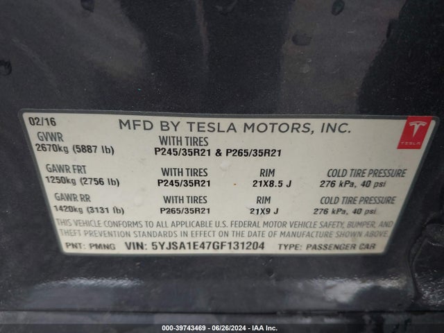 Tesla Model S 90d/p100d/p85d/p90d 2016 5YJSA1E47GF131204 Image 9