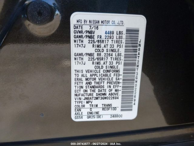 JN8AT2MT3GW022694 Nissan ROGUE SV