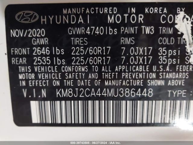 KM8J2CA44MU386448 Hyundai TUCSON SE