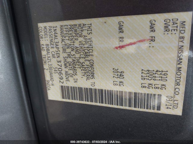 Nissan Altima 2.5 Sl 2014 1N4AL3AP5EN370692 Image 9