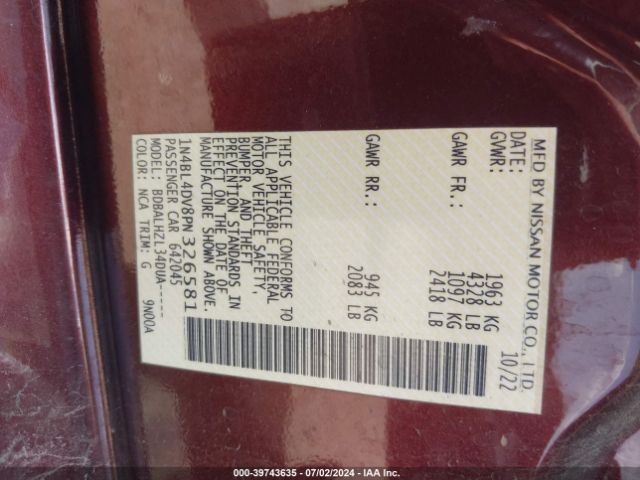 1N4BL4DV8PN326581 Nissan Altima Sv Fwd