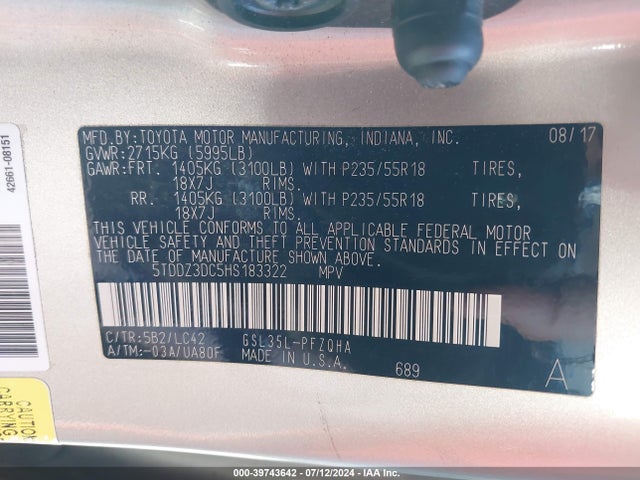 Toyota Sienna Xle 7 Passenger 2017 5TDDZ3DC5HS183322 Image 9