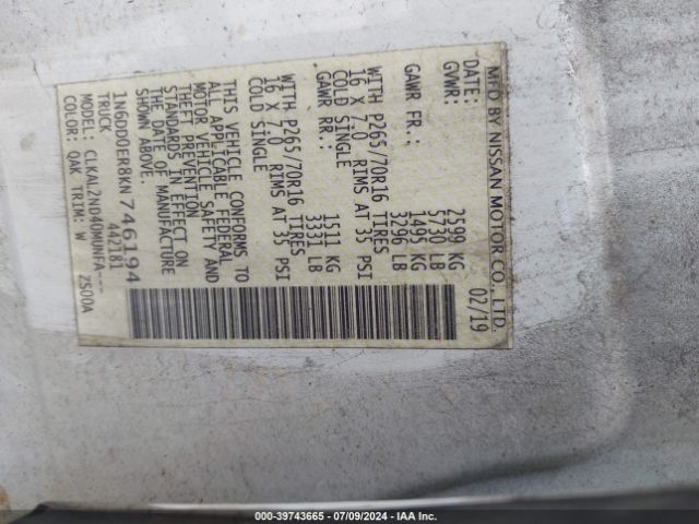 1N6DD0ER8KN746194 Nissan Frontier Sv