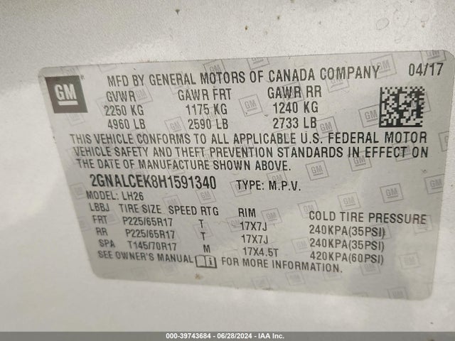 Chevrolet EQUINOX LT 2017 2GNALCEK8H1591340 Image 9