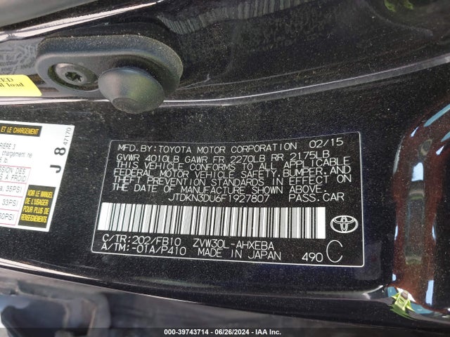 Toyota Prius Two 2015 JTDKN3DU6F1927807 Image 9