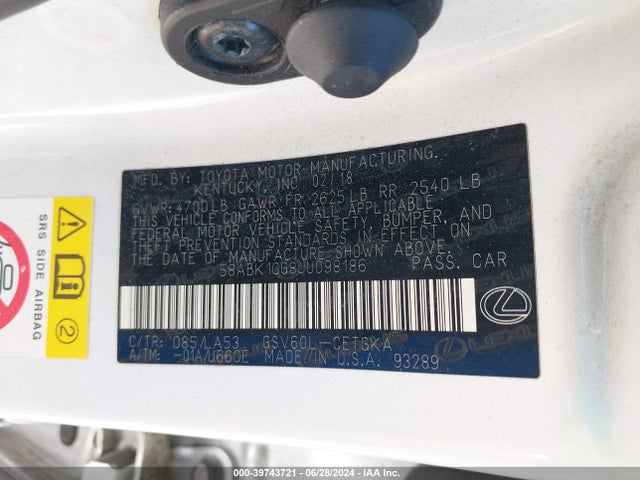 Aukcja sprzedaży 2018 Lexus Es 350, vin: 58ABK1GG8JU098186, numer aukcji: 39743721