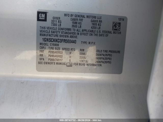 1GNSCKKC0FR560440 Chevrolet Suburban 1500 Ltz