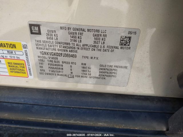 1GNKVGKD2FJ369469 Chevrolet Traverse 1lt