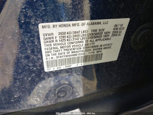 5FNYF6H64KB018342 Honda Pilot Touring