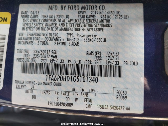 Ford FUSION SE 2016 1FA6P0HD1G5101340 Image 9