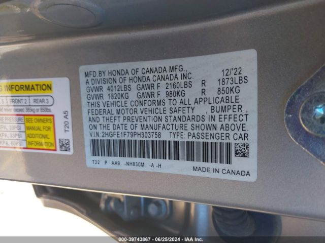 2HGFE1F79PH303758 Honda Civic Ex /ex W/o Bsi