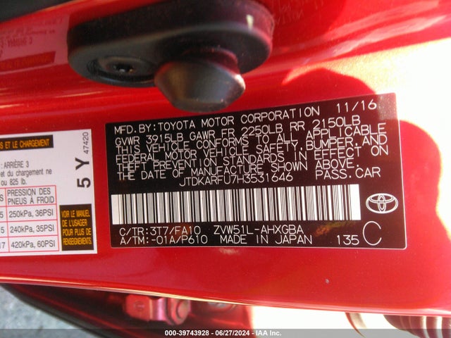 Toyota Prius Three 2017 JTDKARFU7H3531646 Image 9