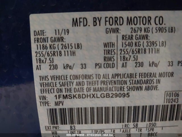 Ford EXPLORER XLT 2020 1FMSK8DHXLGB29095 Image 9