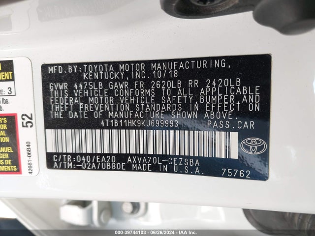 Toyota CAMRY SE 2019 4T1B11HK9KU699993 Image 9