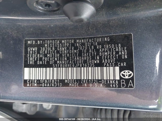 Toyota COROLLA LE 2018 5YFBURHE6JP816235 Image 9