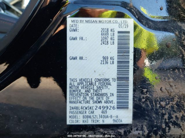 1N4BL4CW5KC249926 Nissan Altima 2.5 Sr