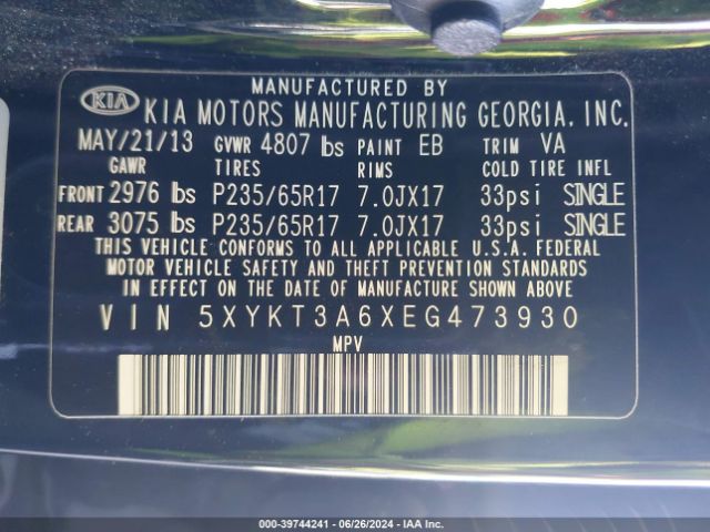 5XYKT3A6XEG473930 KIA SORENTO LX