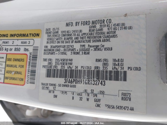 Ford FUSION SE 2016 3FA6P0H91GR132743 Image 9